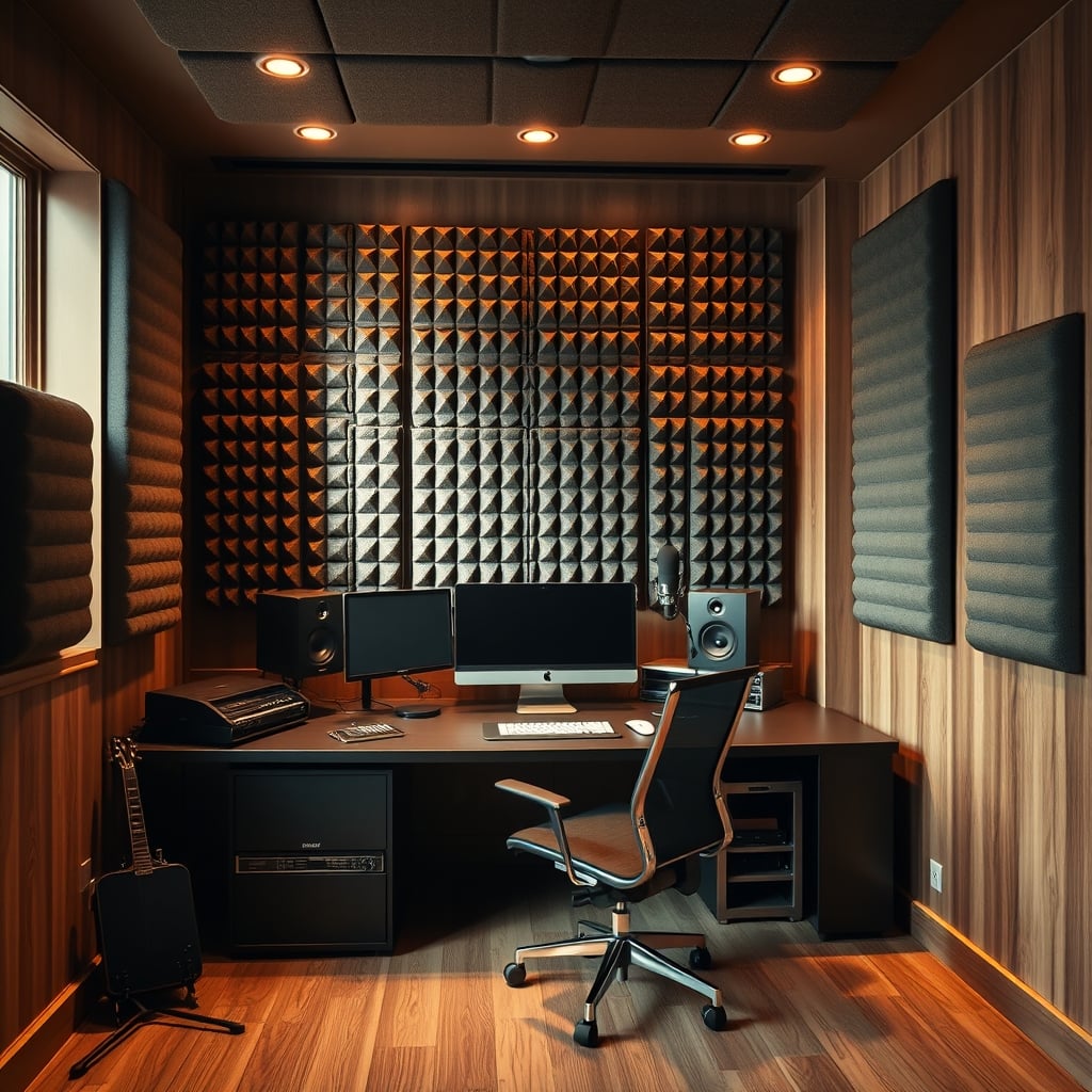 Close-up detail of dense acoustic foam panels and a bass trap installed in the corner of a small office recording space.
