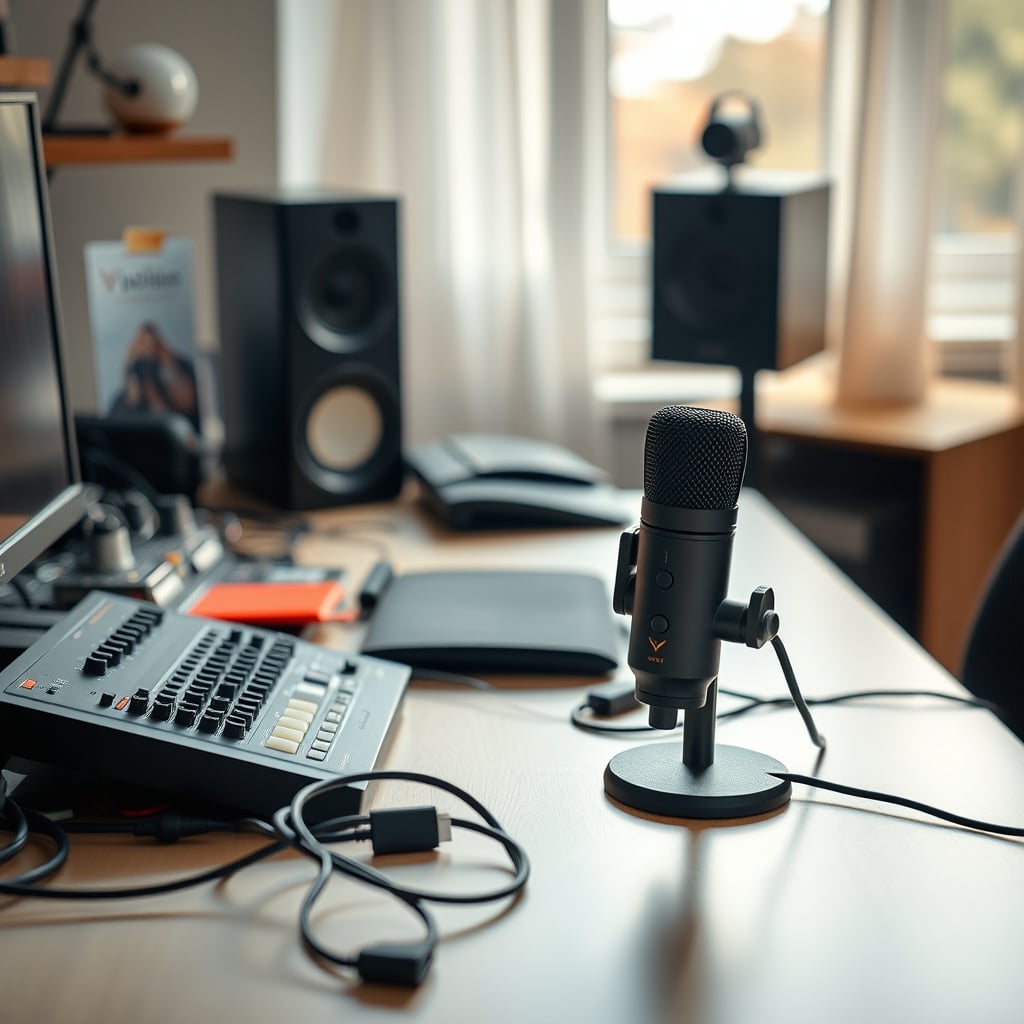 A messy desk with an audio interface, tangled XLR cables, and a power supply next to a clean, minimal desk with just a USB microphone on a boom arm.