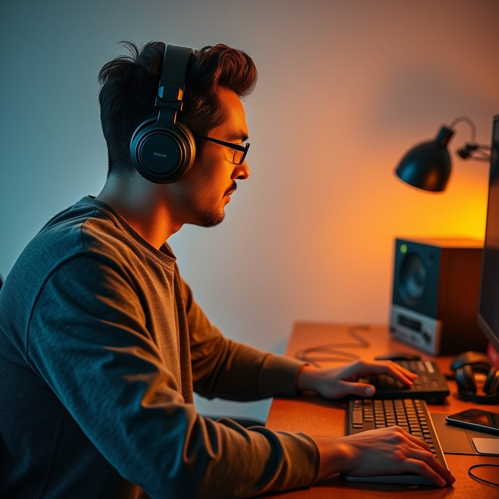 Person wearing quality headphones at a desk setup