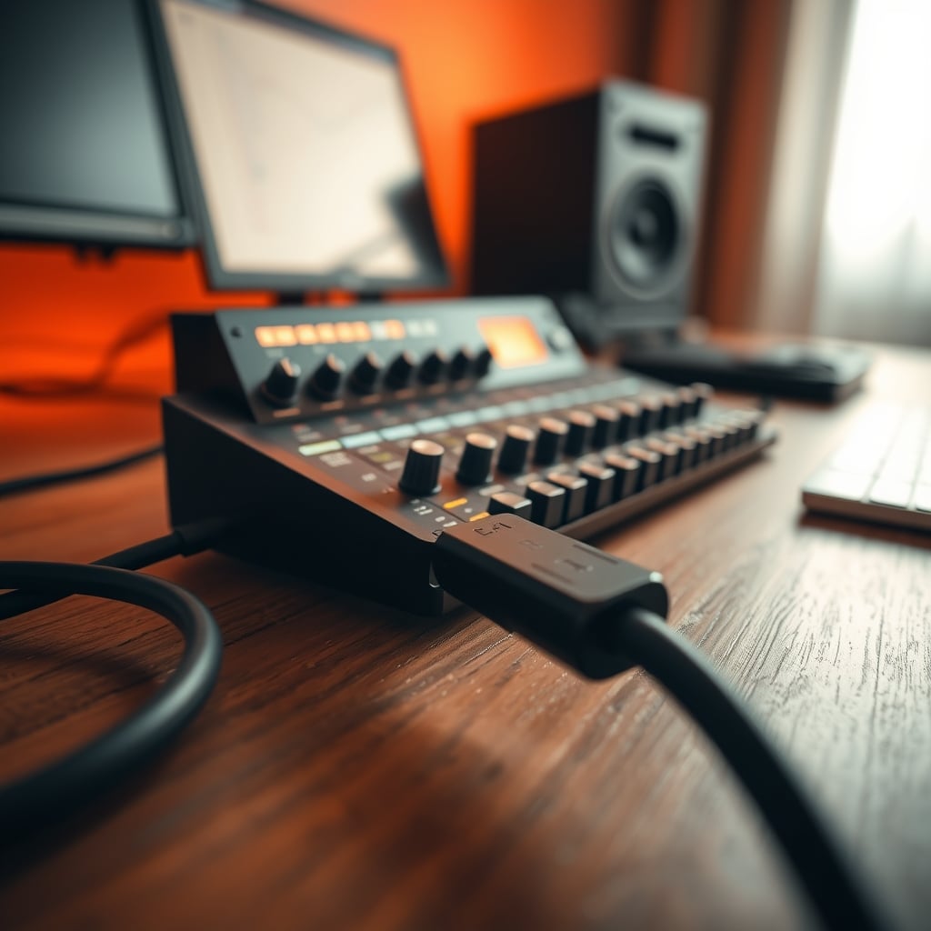 A standard USB cable connected to a Focusrite Scarlett audio interface