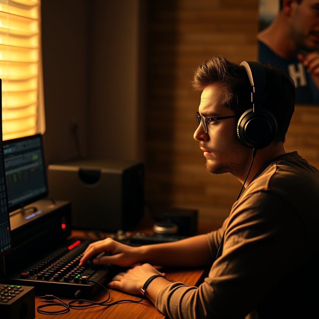 A listener with high-end headphones looking puzzled at two USB cables