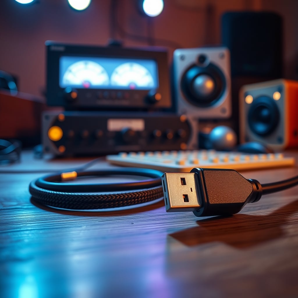 An overly thick, branded audiophile USB cable next to a simple, thin generic USB cable