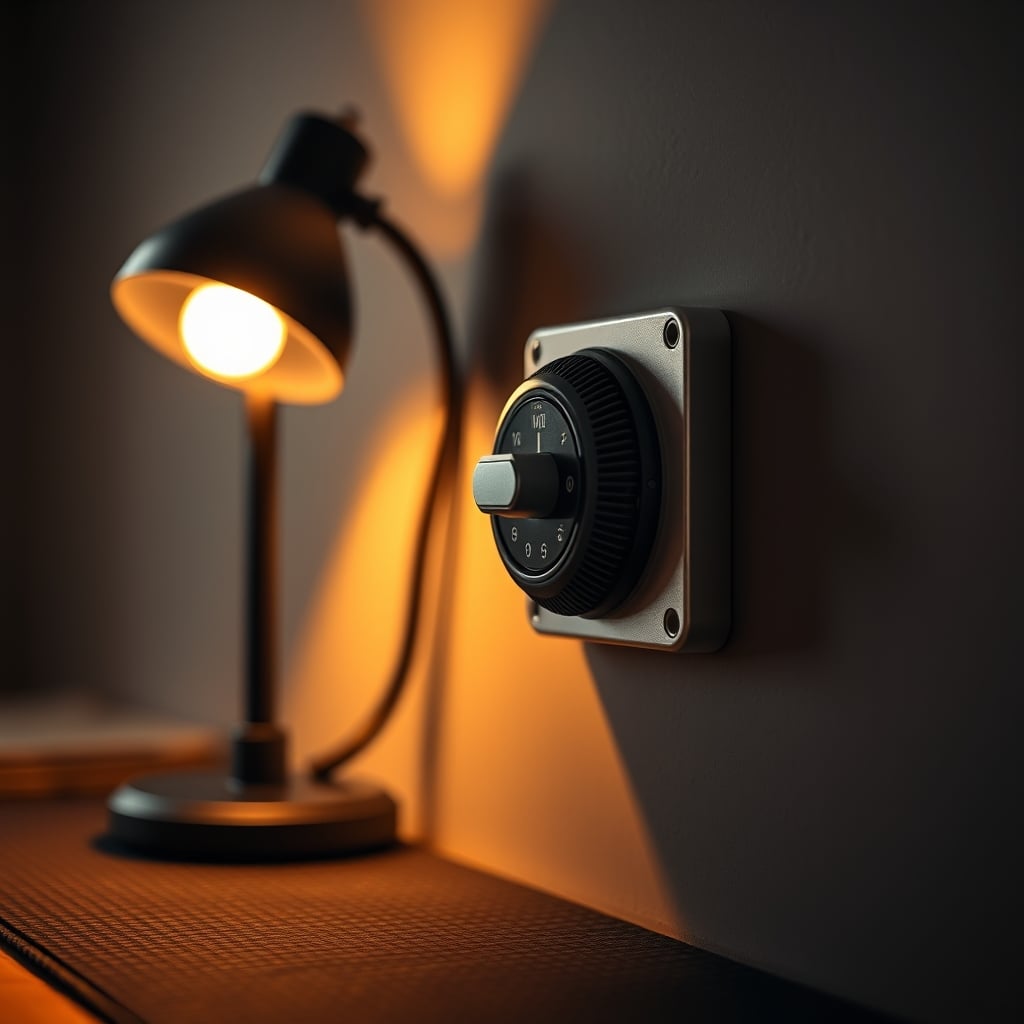 A traditional mechanical in-wall light timer switch set to turn on at dusk.