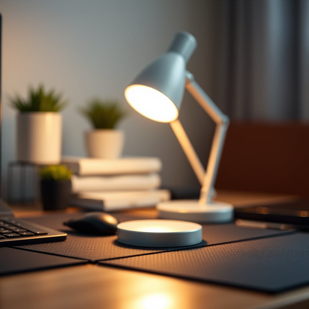 A clean, productive desk illuminated by a single warm white desk lamp, calm and focused.