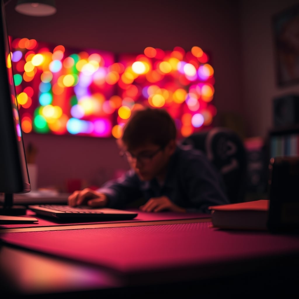 A person looking stressed at a desk with chaotic, multi-colored RGB lighting creating a distracting environment.