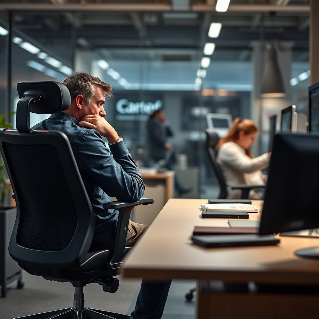 A person rigidly sitting in an office chair, contrasted with another person subtly shifting their posture, illustrating dynamic movement versus static sitting.