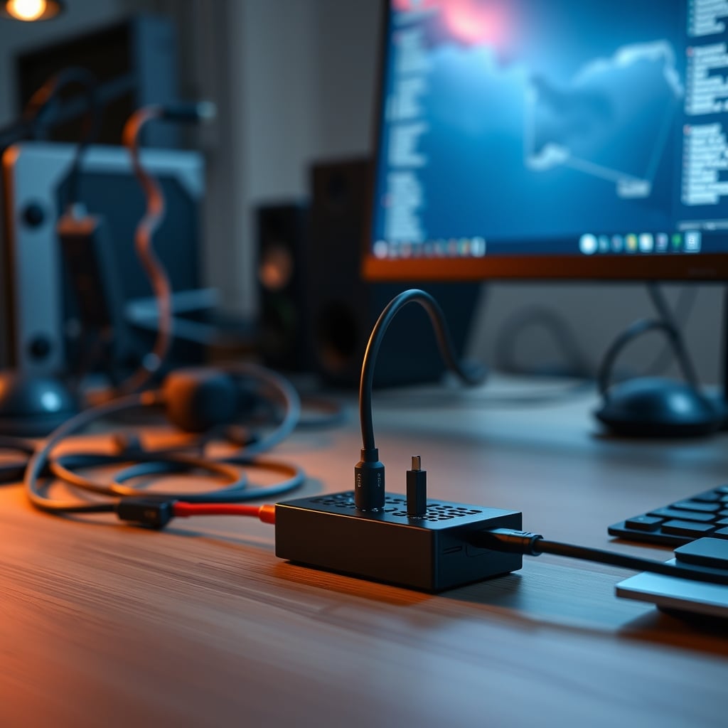 A messy desk with many cables plugged into a laptop versus a clean desk with a single cable connected to a docking hub.