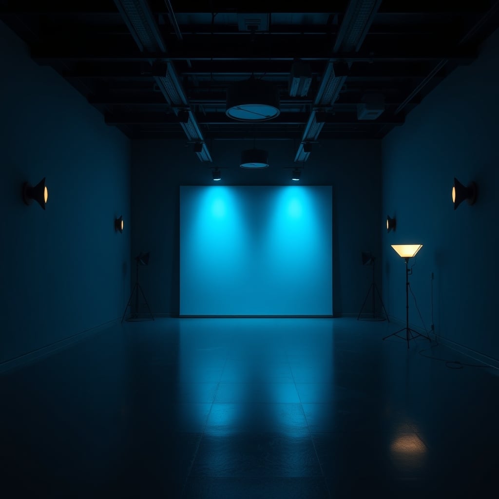A room lit in a cohesive monochromatic color scheme of blues and grays.