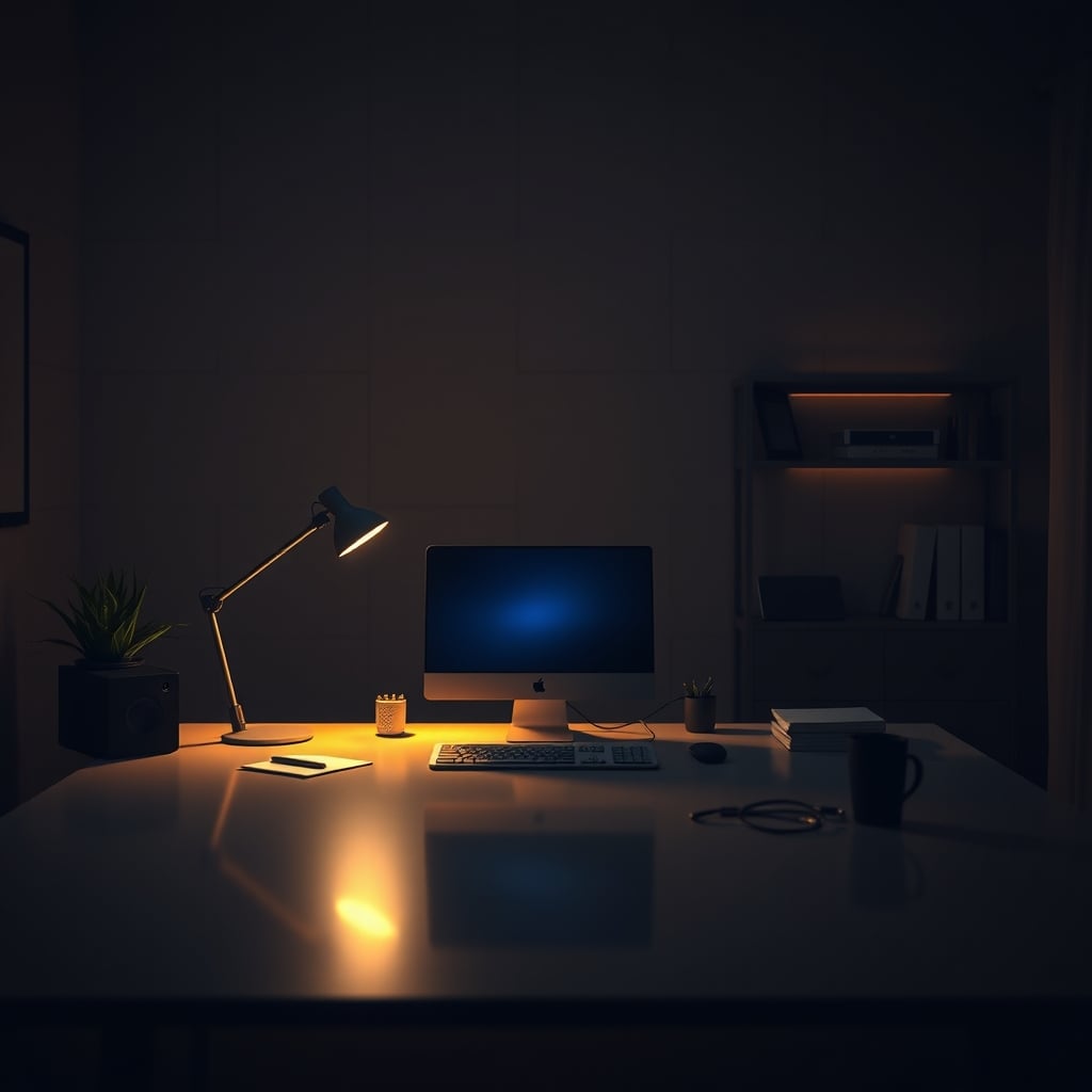 A desk with a single, warm light source creating a deep, atmospheric shadow.