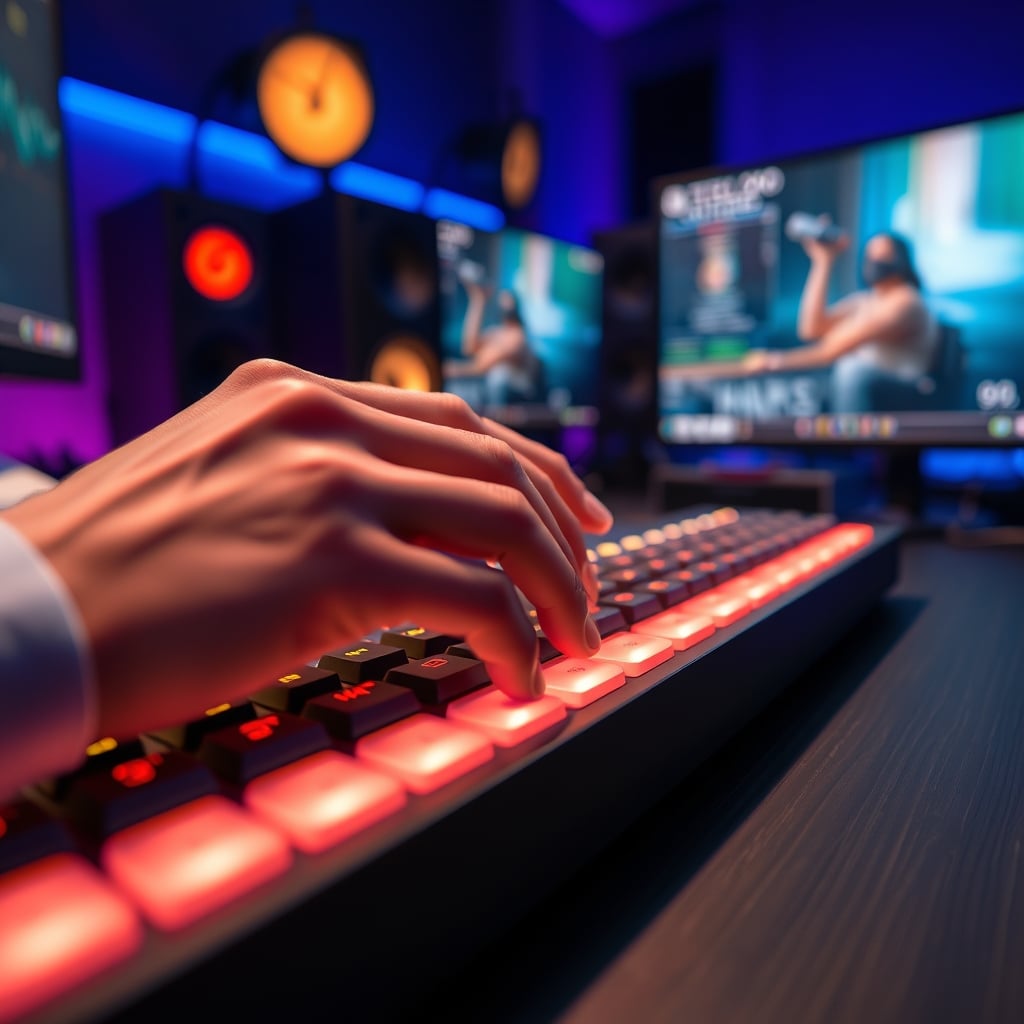 Close-up view of a streamer's hands pressing buttons on a simple macro pad, with OBS software visible on a monitor in the background.