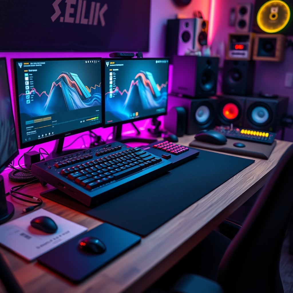 A comparison shot showing a complex, expensive streaming controller with screens next to a simple, minimalist black macro keypad on a desk.