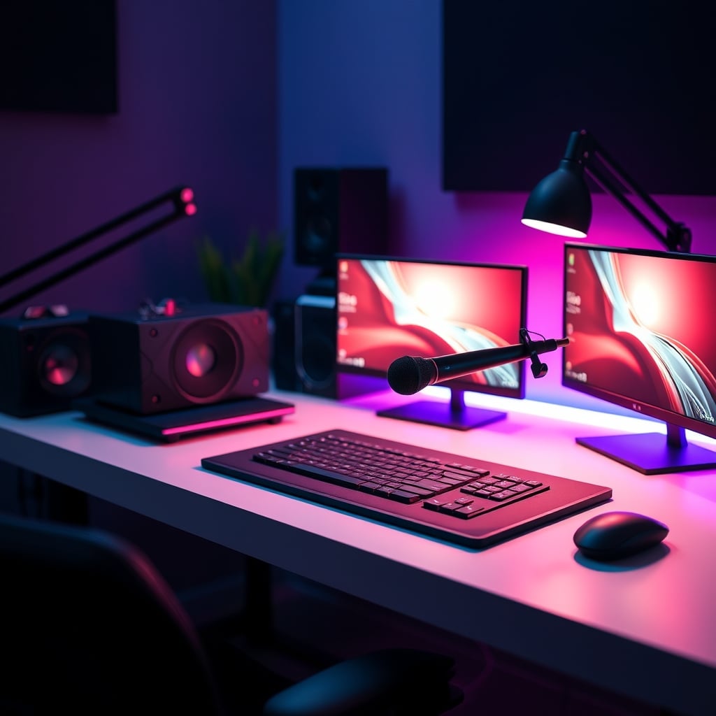 A clean, professional streaming desk with a wireless shortcut pad placed conveniently, a quality microphone, and soft studio lighting.