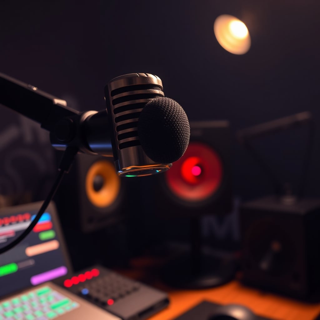 A dynamic microphone properly positioned on a boom arm in a streaming setup