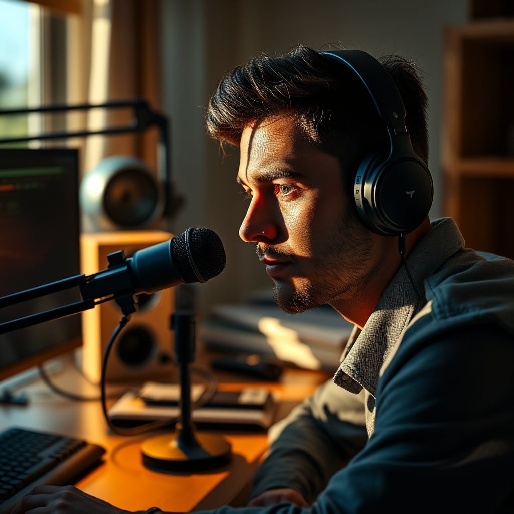 A streamer with a large microphone casting a shadow over their face