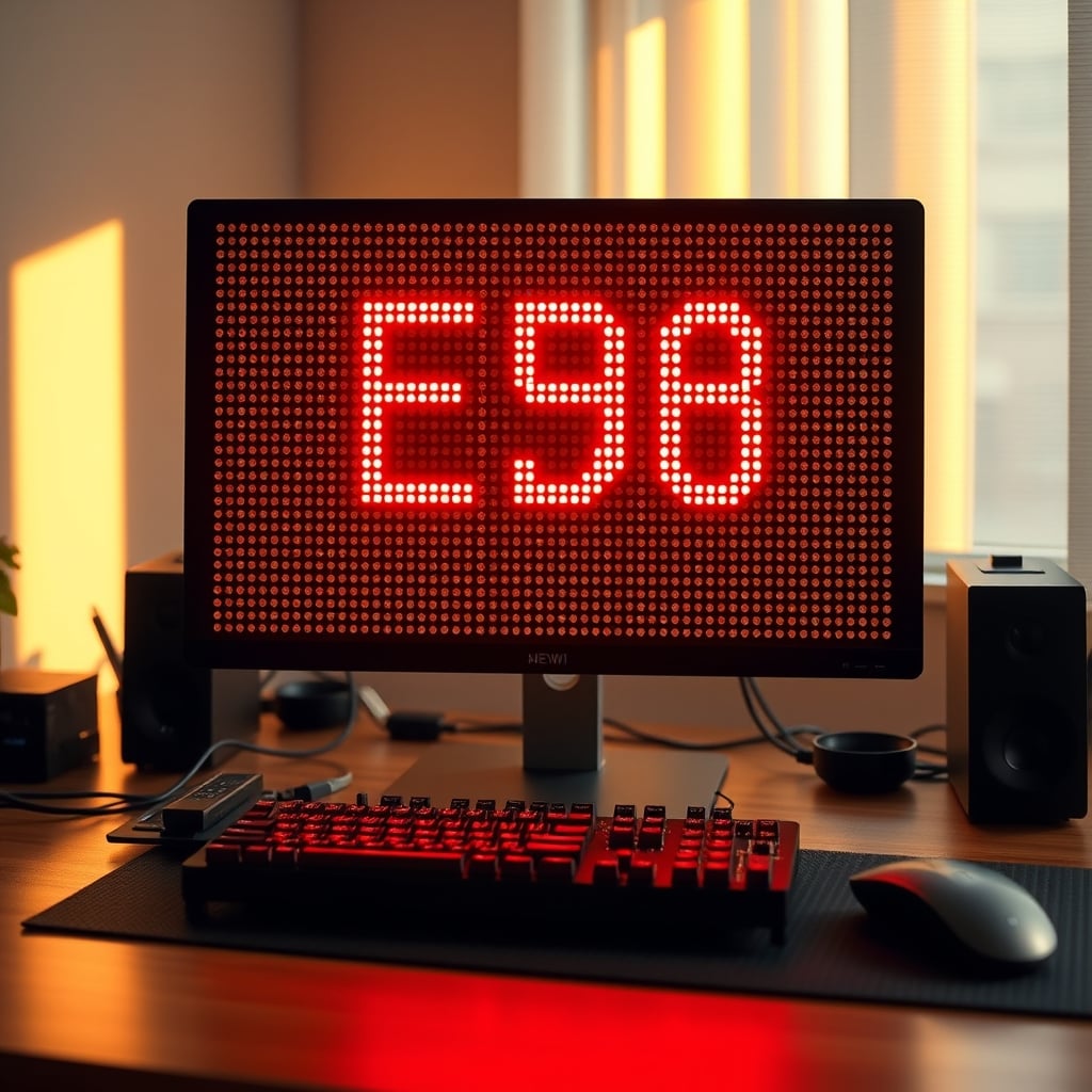 DIY ESP32 LED matrix showing custom pixel art on a desk with a laptop
