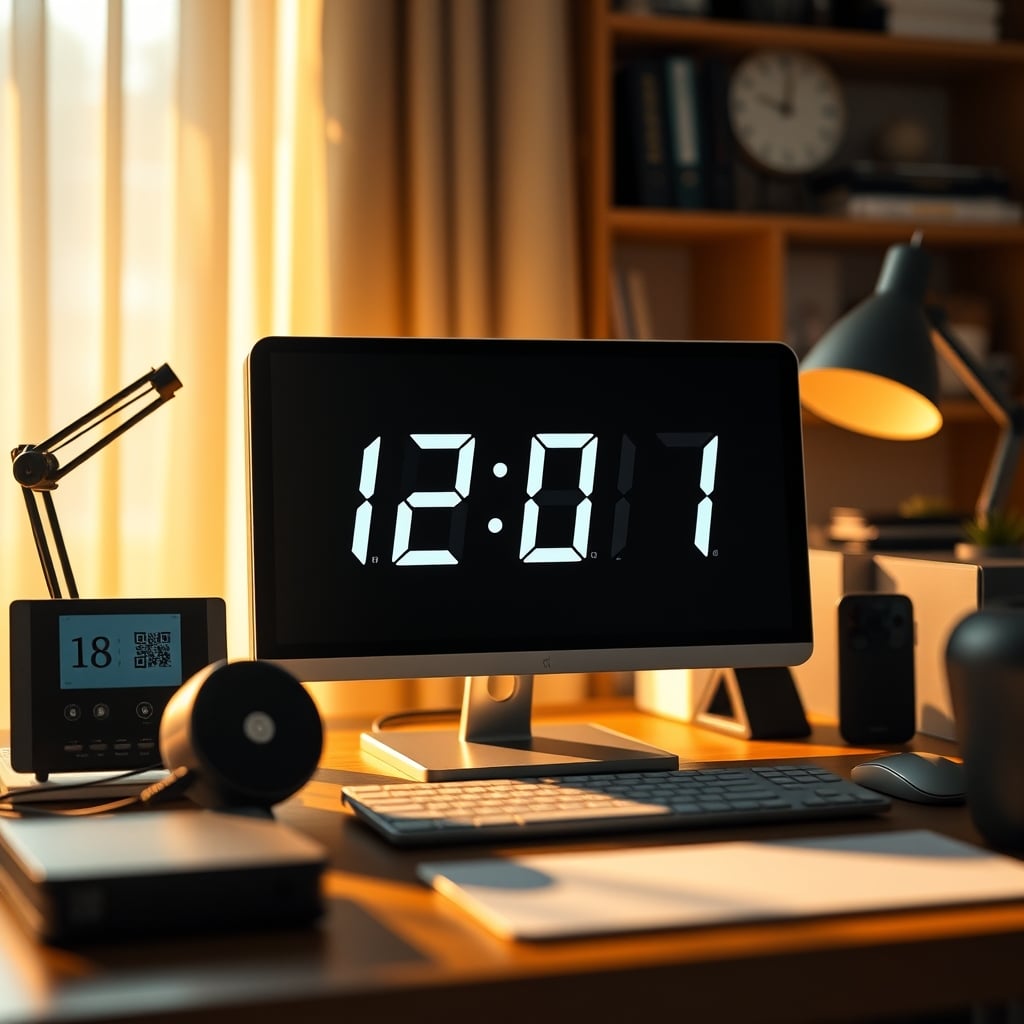 ULANZI TC001 pixel clock on a desk showing time and weather alongside a monitor and keyboard