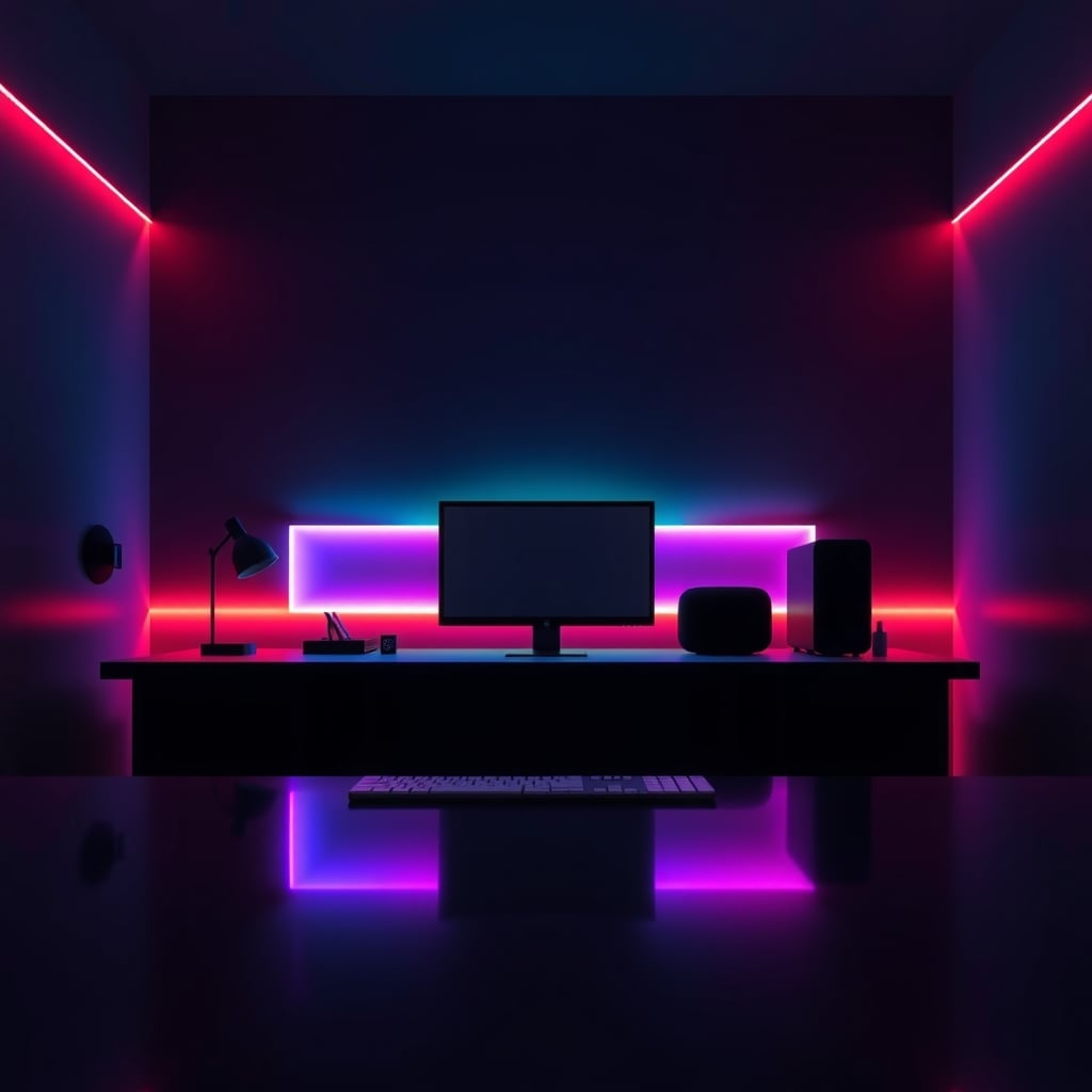 Addressable RGB LED strip casting a magenta and teal gradient on a wall behind a desk