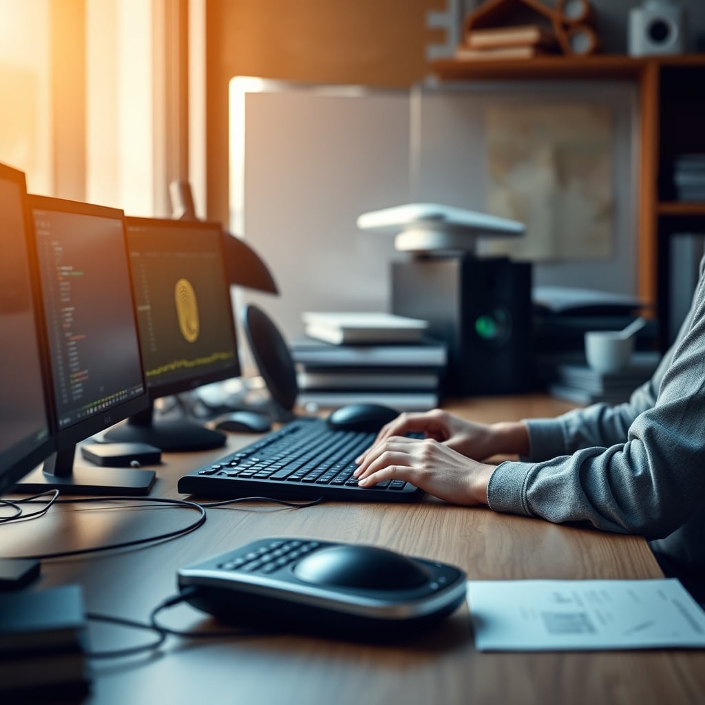 A biofeedback gadget sits unused on a busy desk as the user focuses on typing