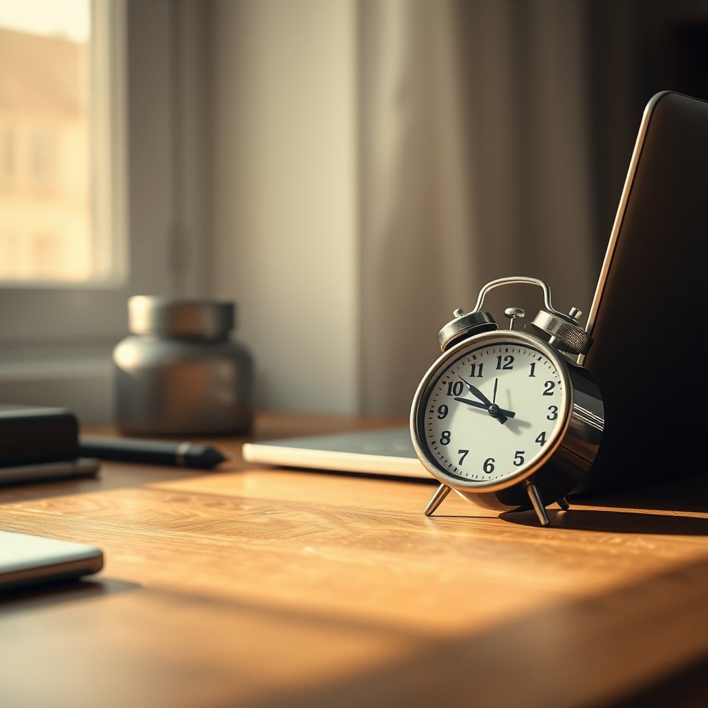 A simple, classic mechanical kitchen timer sits on a wooden desk next of a closed laptop.