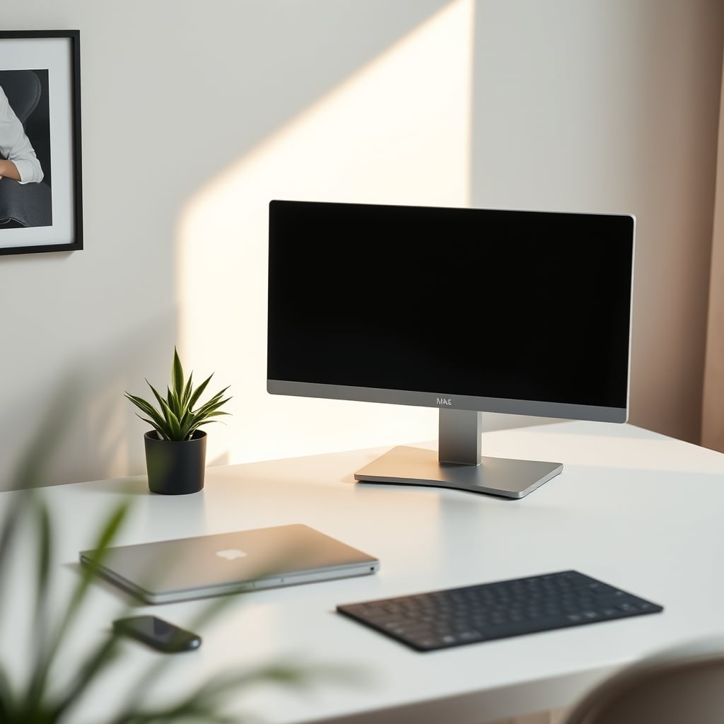 A starkly minimalist desk with a single monitor, a notebook, a pen, and a single plant against a plain wall.
