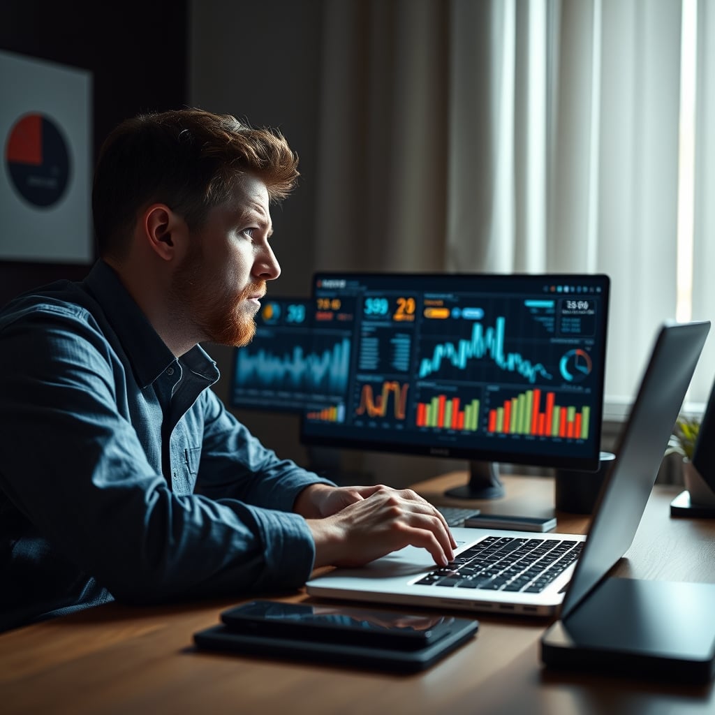 A person looks confused and frustrated at a laptop screen showing a complex, colorful brainwave dashboard from a biofeedback device.