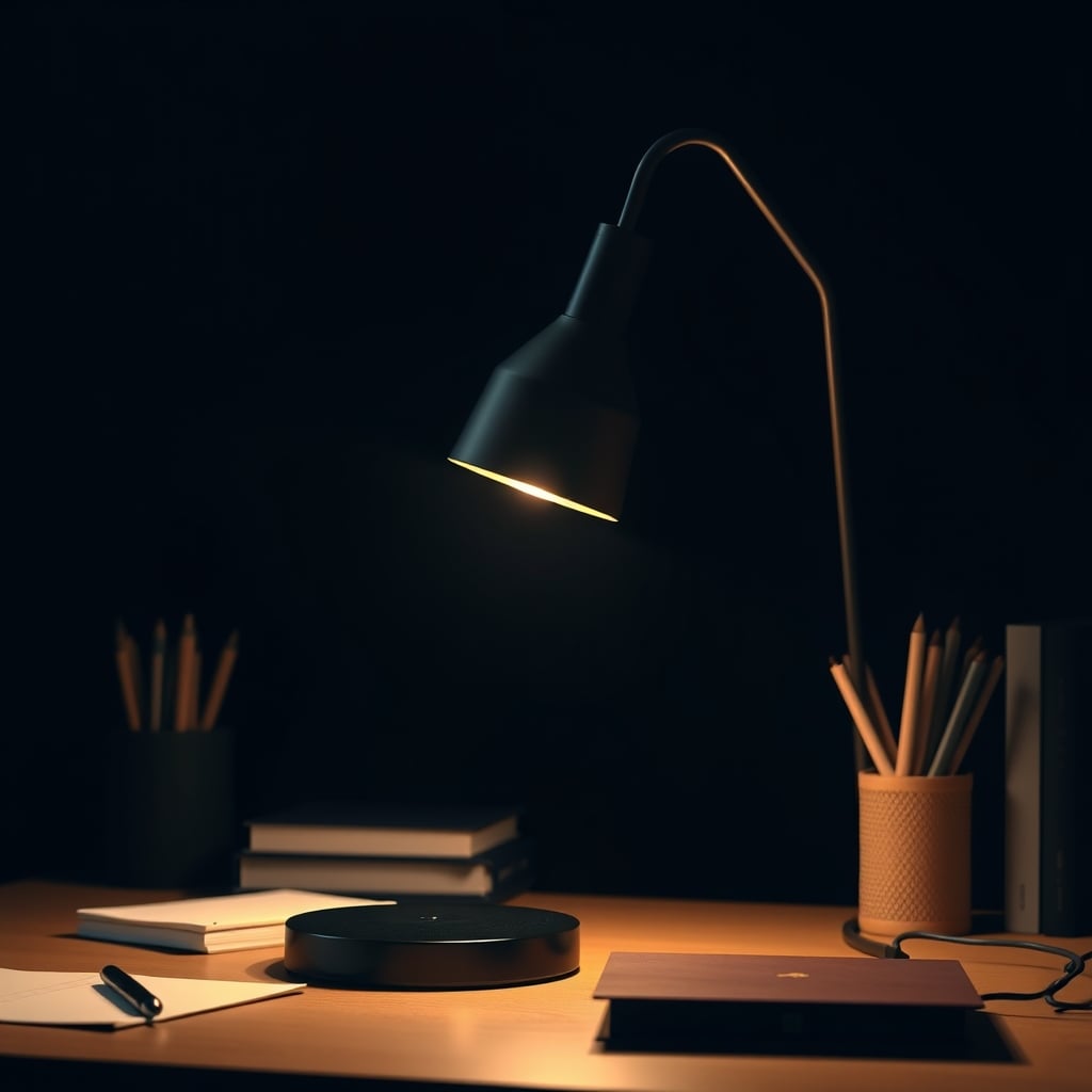 A sleek, expensive biophilic desk lamp glowing with an unnatural greenish light, looking more like a tech product than a natural light source.
