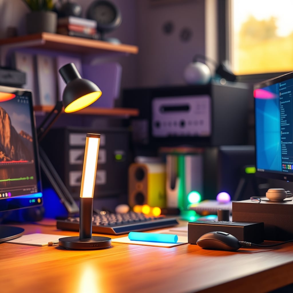 A messy desk overwhelmed by the pink and blue glow of several 'smart' lights, creating a distracting and visually noisy environment.