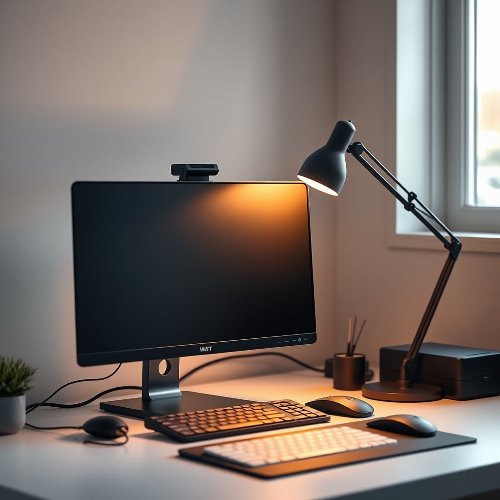 A clean, focused desk with a monitor bias light reducing screen glare and a simple adjustable lamp illuminating the keyboard.