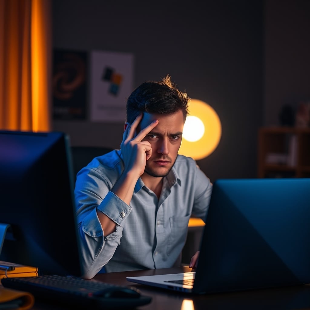 A frustrated person at a desk under the cold, harsh light of a 'smart' lamp, illustrating distraction.