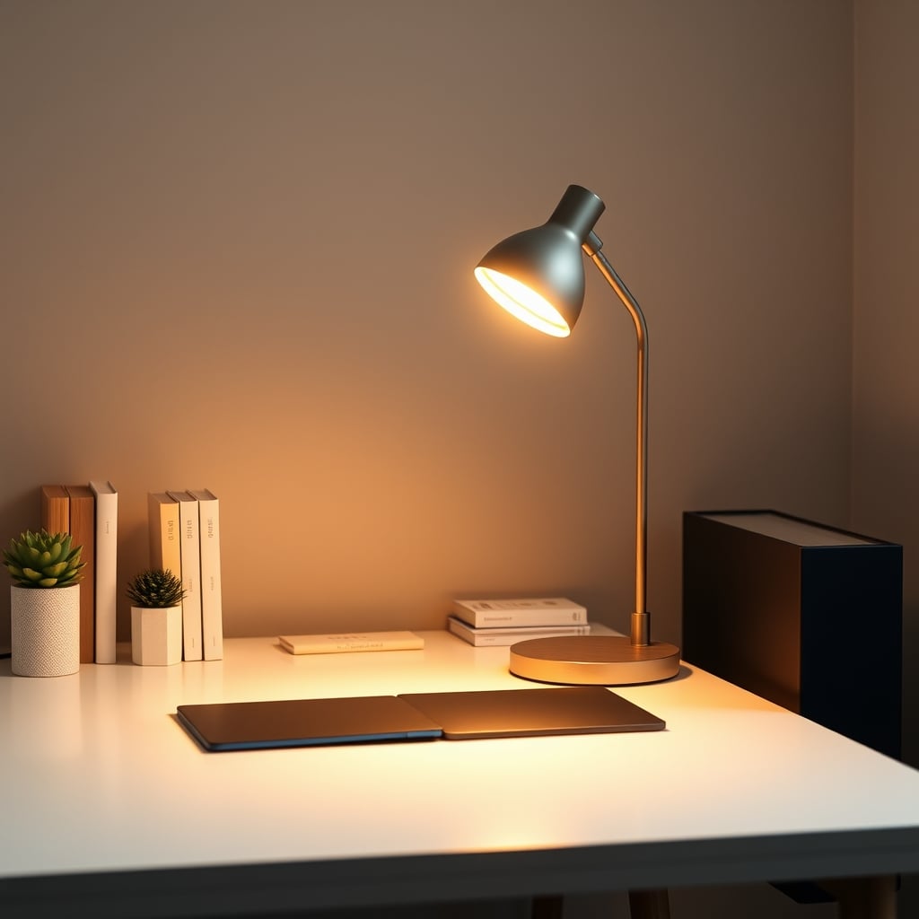 A clean, focused desk with a single, simple light source and no visible tech clutter.