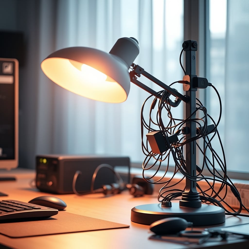 An over-engineered biosyncing desk lamp covered in sensors and wires, looking more like a medical device than a tool for focus.