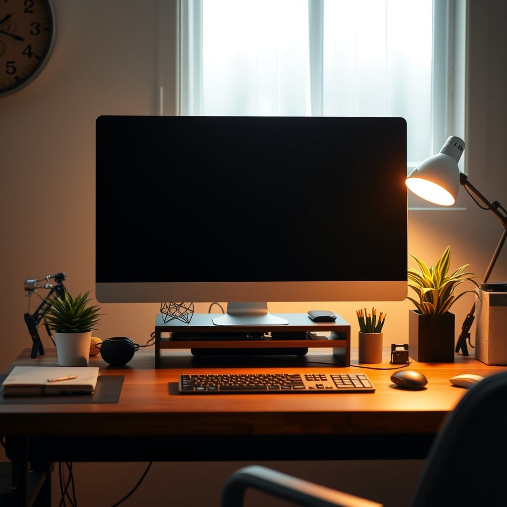 An ideal desk setup with a high-CRI lamp placed correctly to the side, illuminating the workspace without any glare on the monitor.