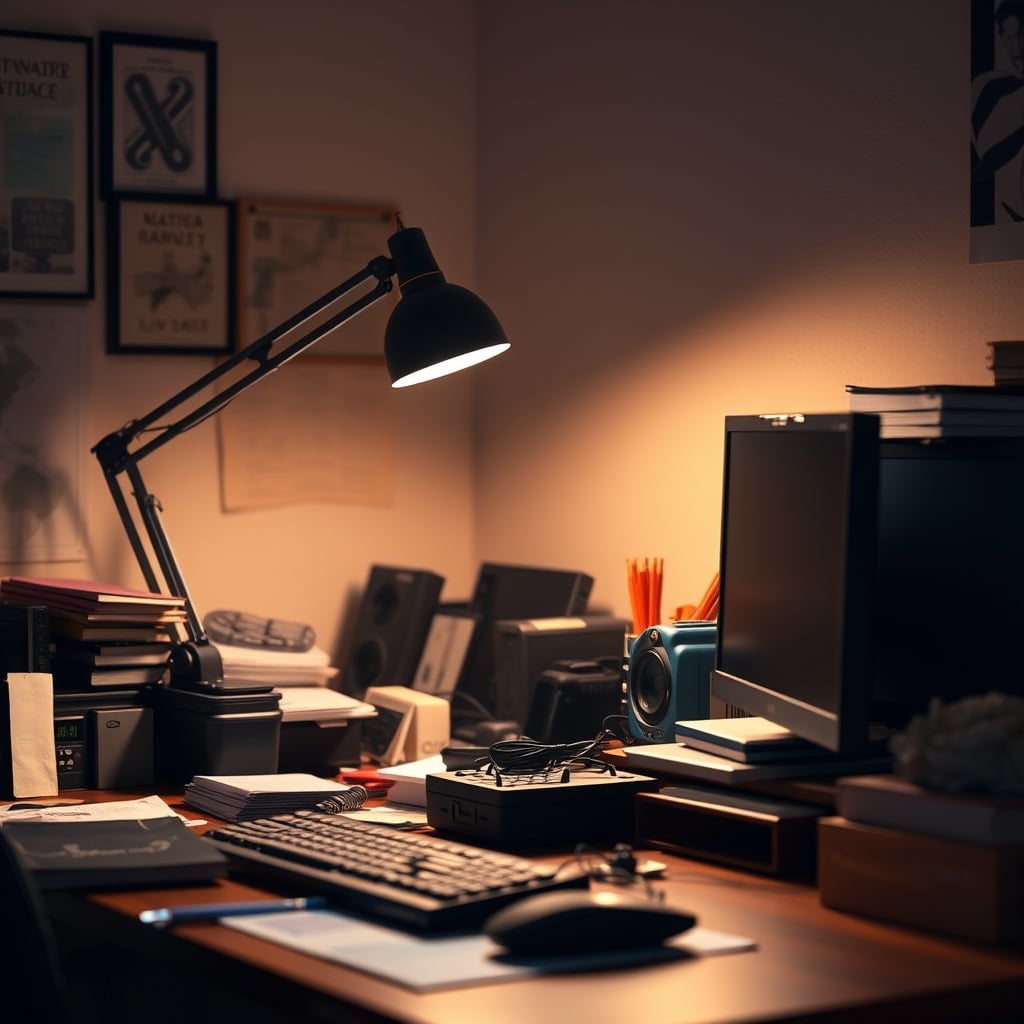 A common mistake: a cheap desk lamp creating harsh glare on a computer monitor, showcasing poor lighting placement.