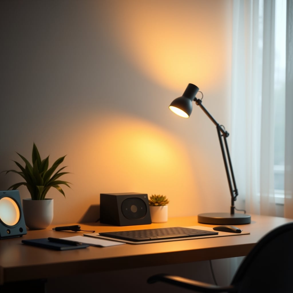 A clean, focused desk with a single adjustable lamp providing perfect task lighting, avoiding screen glare.
