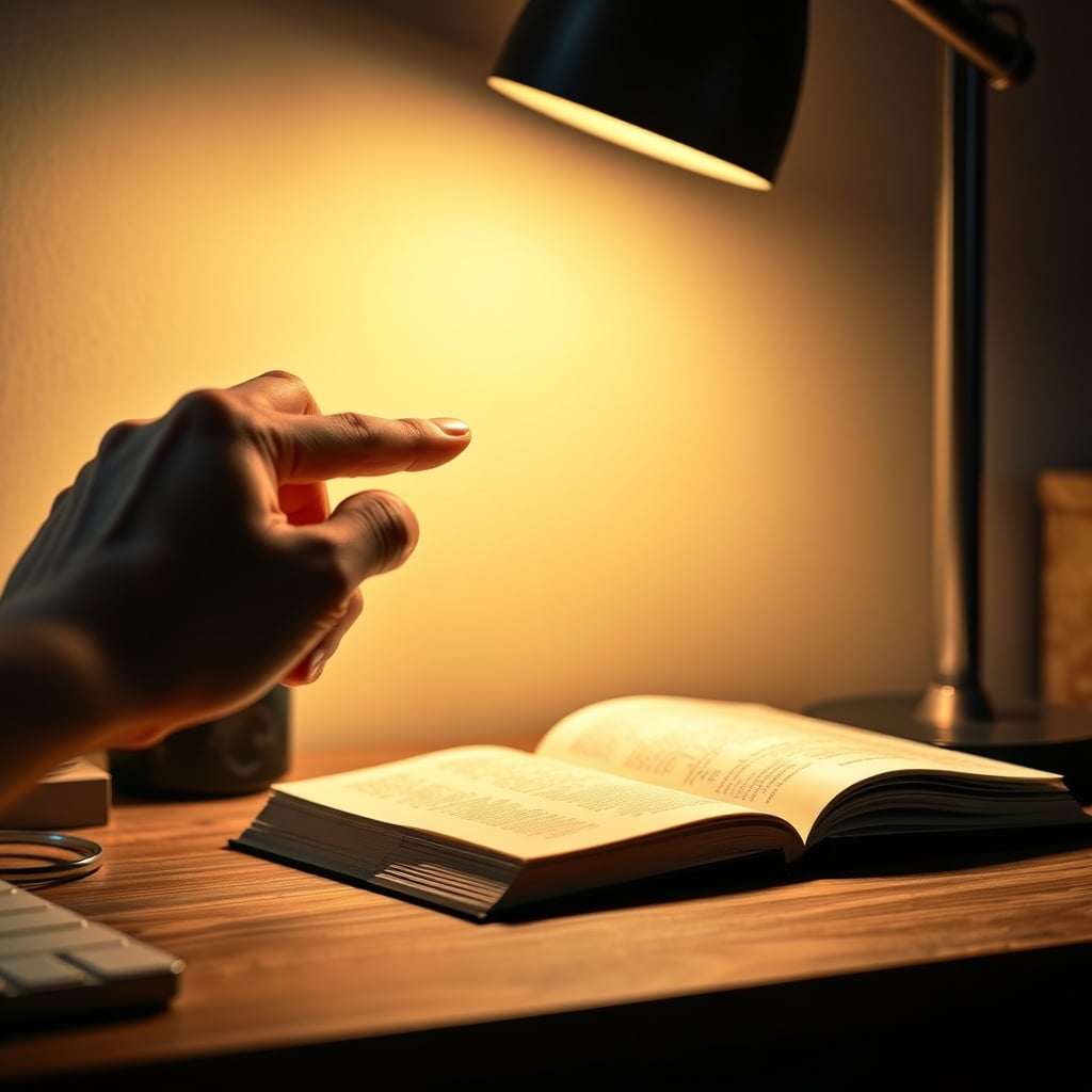Close-up of a finger pressing an amber 'eye care' mode button on a modern desk lamp, casting a dim, yellow light.