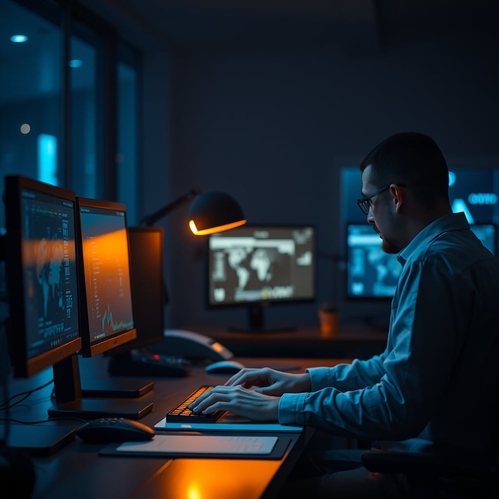 A person working at a desk with a warm task lamp, while cool blue ambient light glows from monitors in the dark.