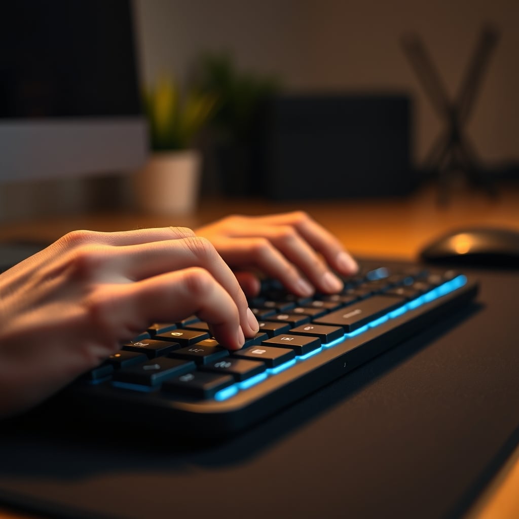 Person experiencing Bluetooth keyboard latency while typing with visible frustration