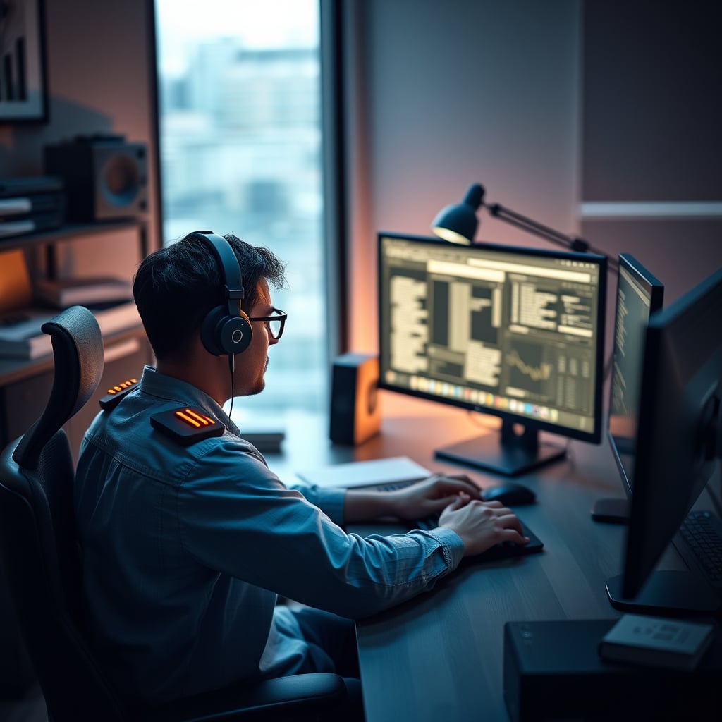 A person working at a computer with a TENS unit electrode pads placed on their upper back and shoulders.