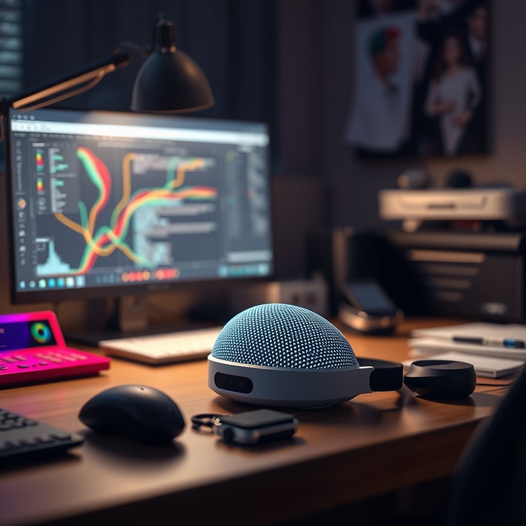 A desk cluttered with unused brain focus gadgets, including an EEG headband pushed aside.