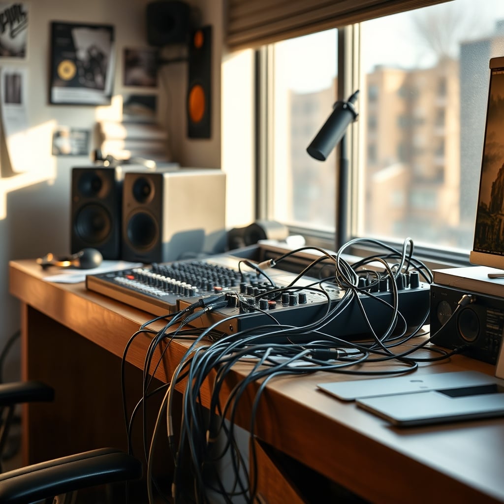 A messy desk with a low-quality audio interface showcasing a common problematic setup