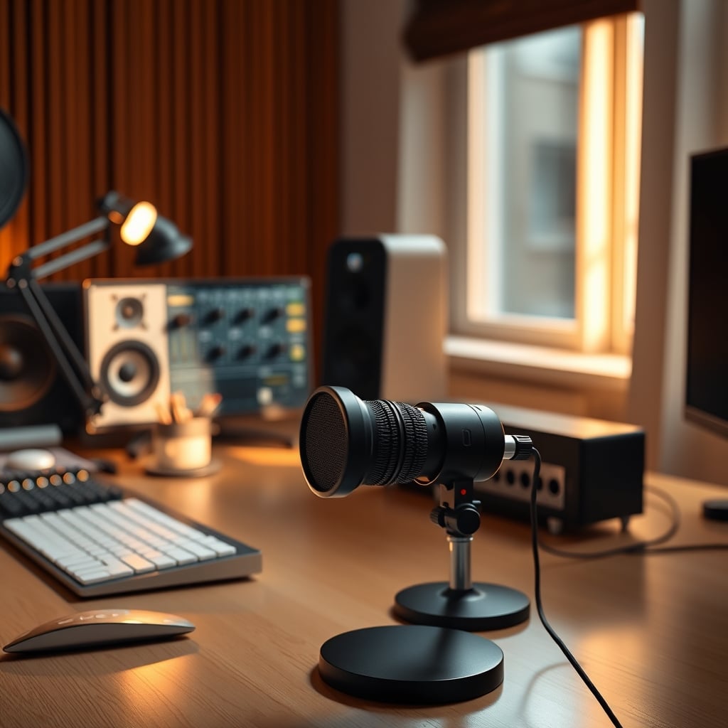A clean, professional desk with a single, high-quality audio interface and microphone