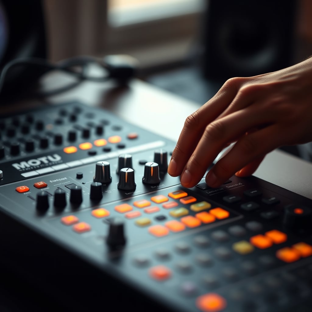 Close-up view of the knobs and metering on a MOTU M2 audio interface