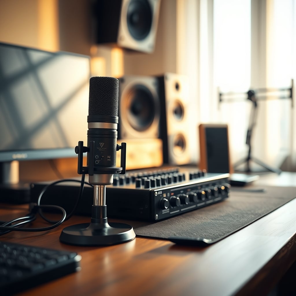A clean desk with a single XLR microphone connected to a basic audio interface