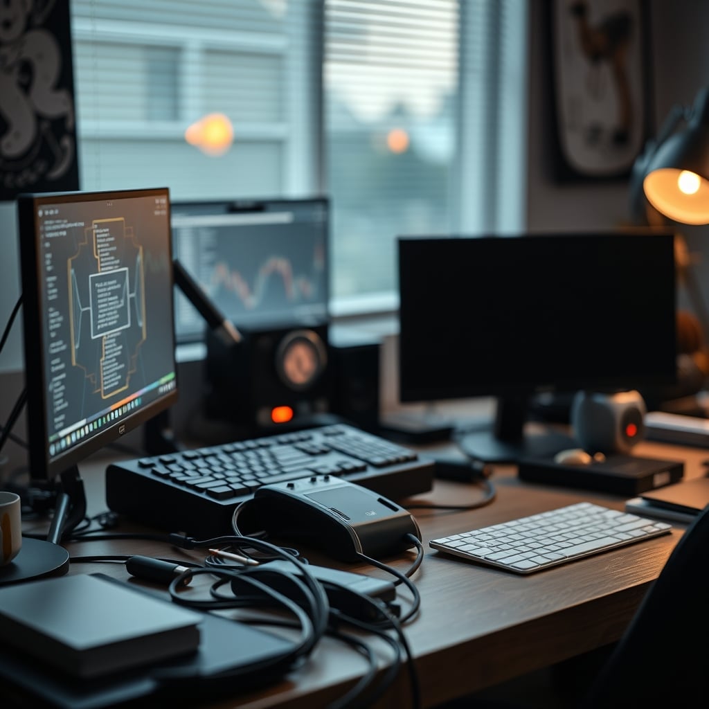 A lived-in, productive desk with visible cables, coffee mug, and notes, contrasting the sterile 'clean desk' myth