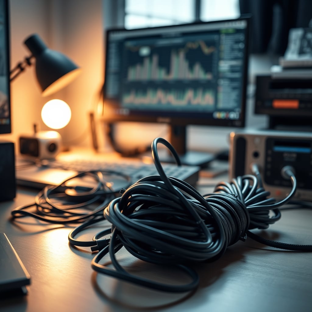 Comparison of a messy desk and a desk with over-tightly bundled cables, highlighting the hidden damage.