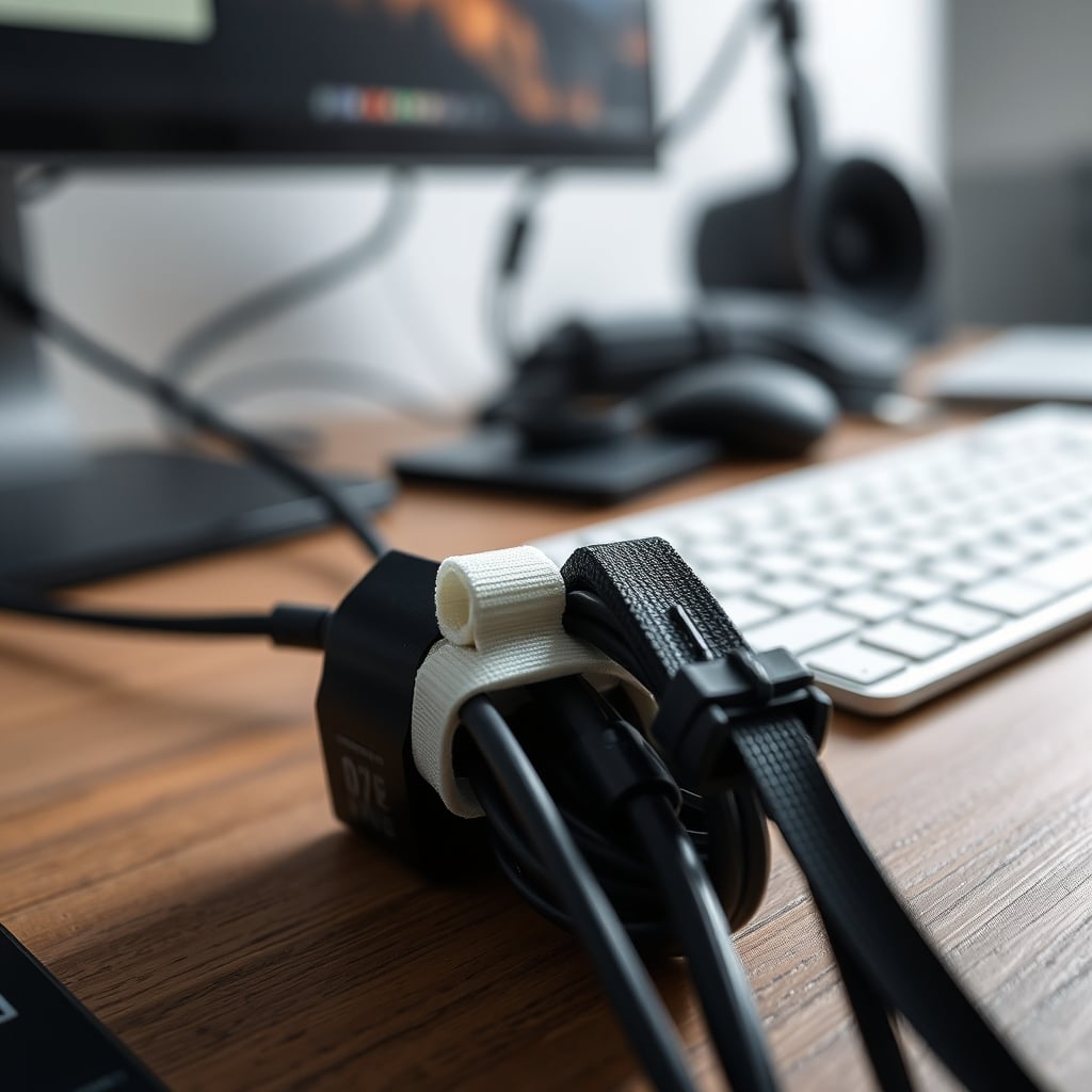 Reusable velcro cable ties securing a loose bundle of cables, emphasizing flexibility and airflow.