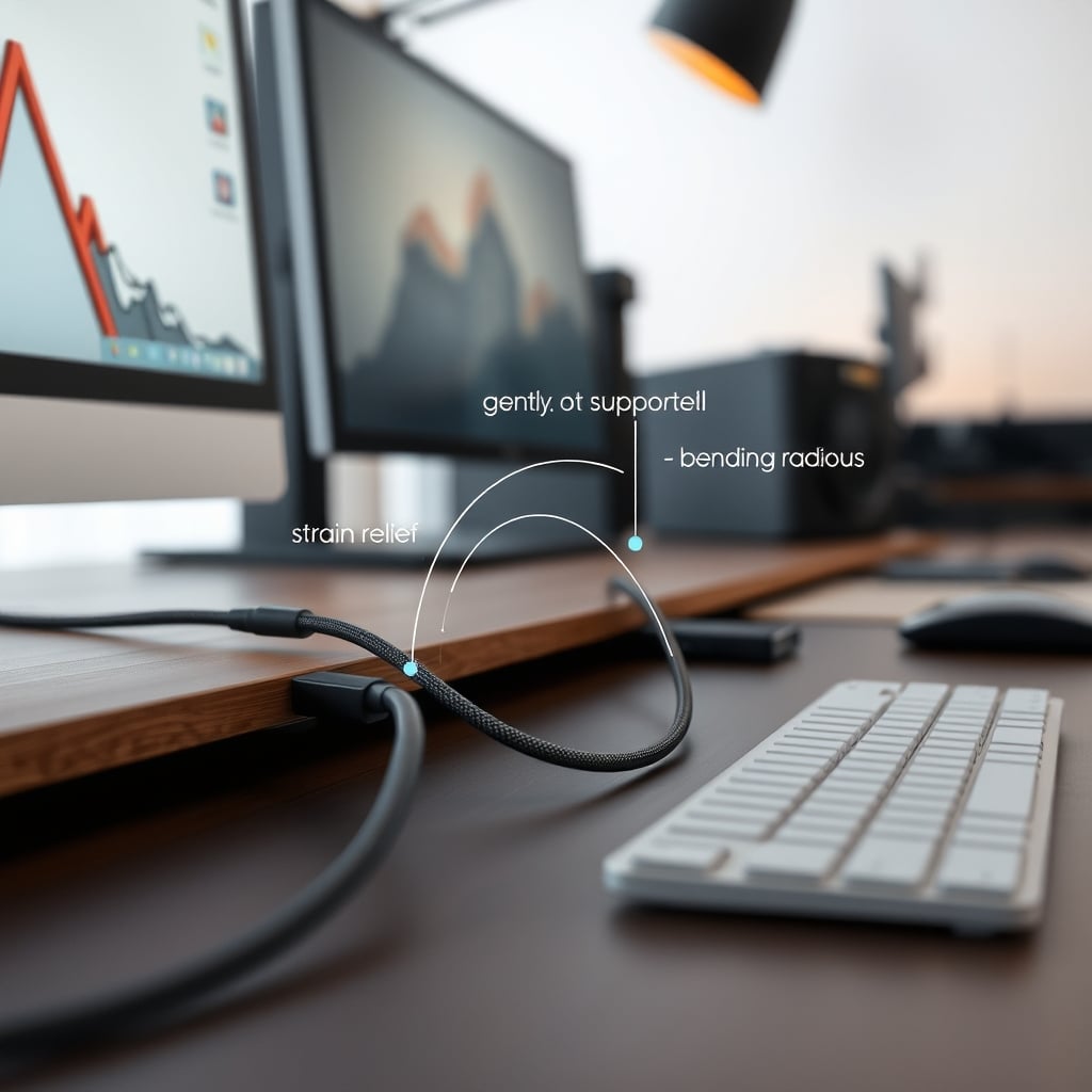 Diagram illustrating proper cable routing with gentle bends and adequate strain relief at the connector.