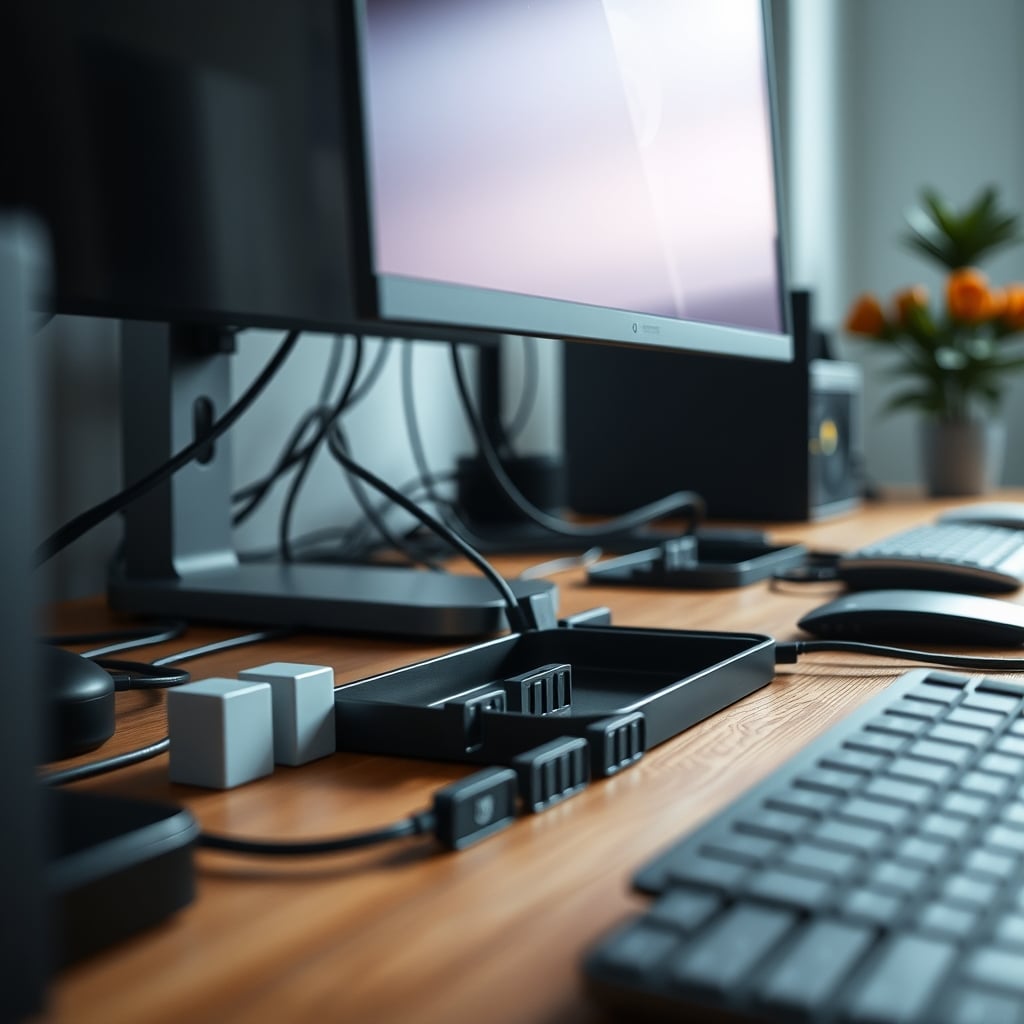 A neatly organized under-desk cable system using an open tray and adhesive clips.