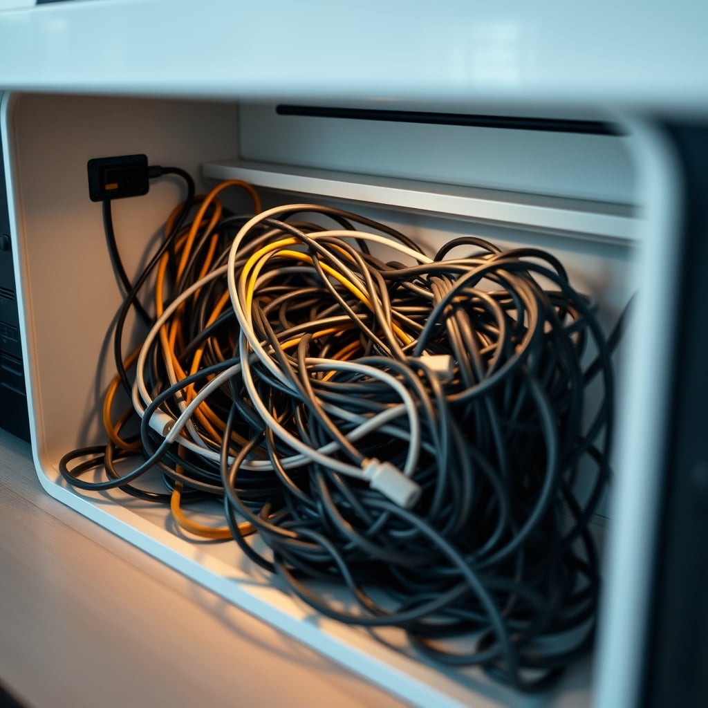 A messy tangle of cables stuffed inside a generic cable management box, illustrating the hidden chaos.