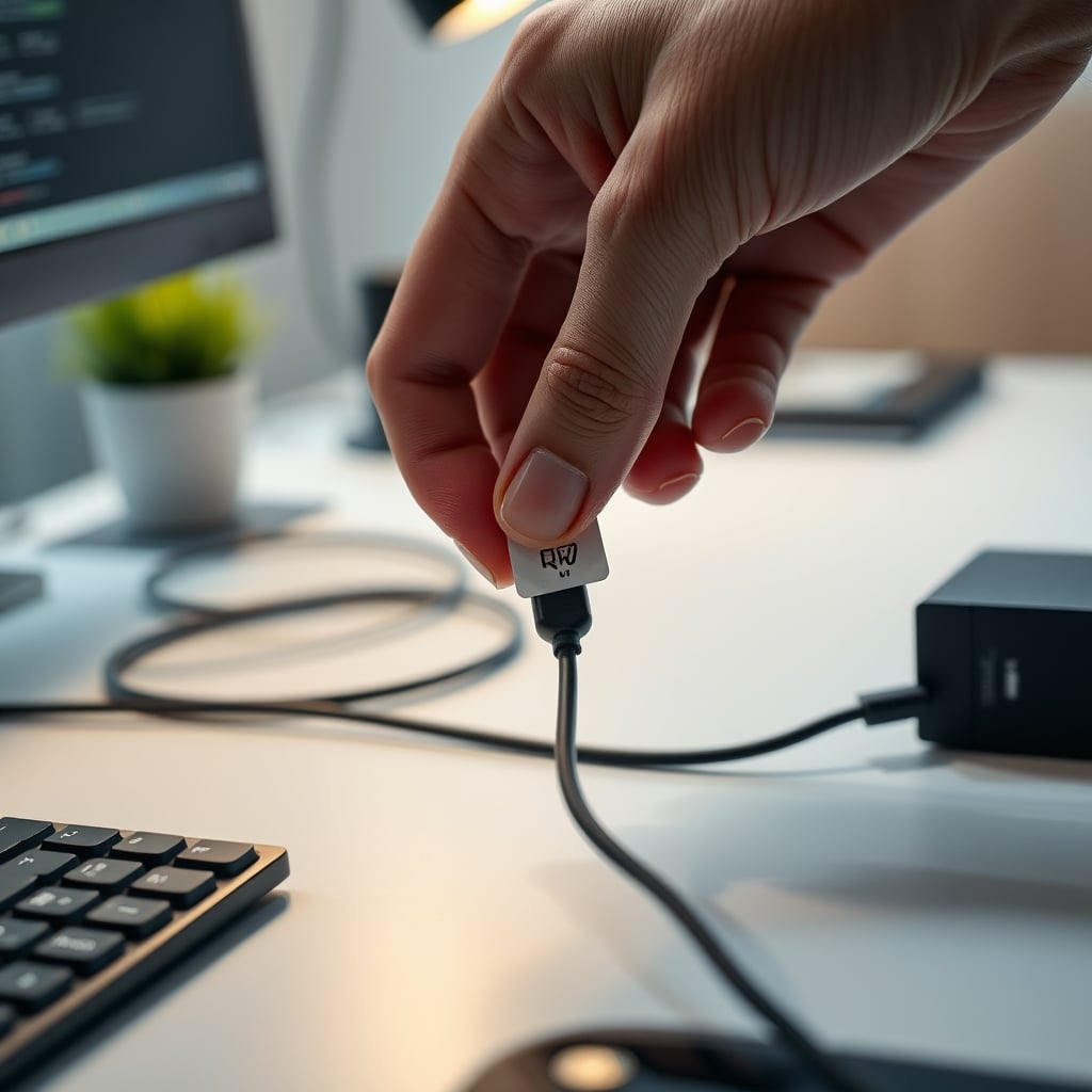 A hand writing on a removable cable tag before applying it to a USB-C wire